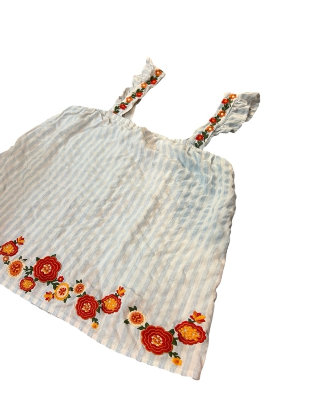 ANDREE BY UNIT Light Blue & White Striped Tank with Floral Embroidered Straps